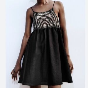 Zara Babydoll Linen Blend Crochet Mini Dress Black